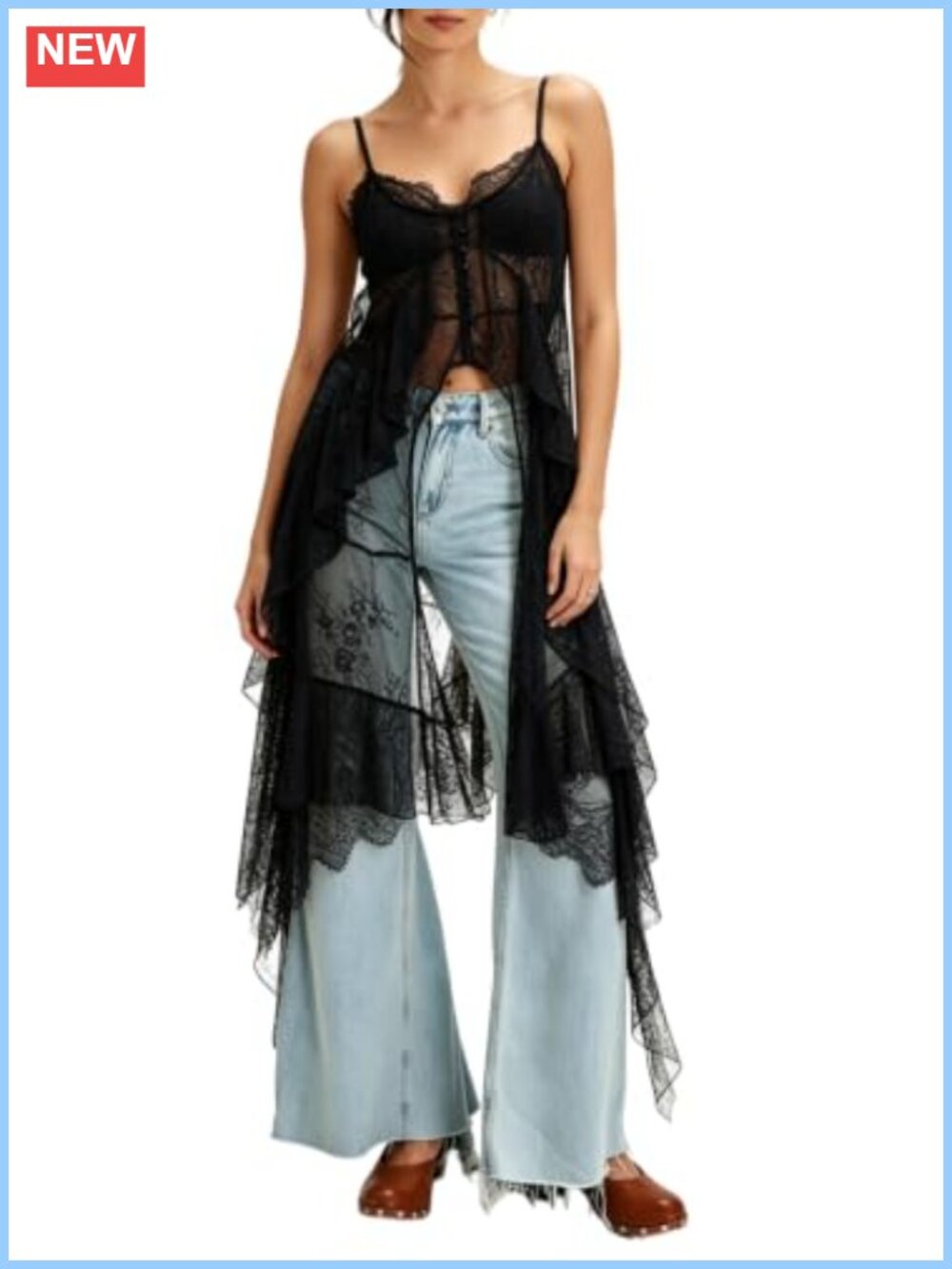 Women Maxi Lace Camisole Sleeveless Bohemian Sheer Flowy Beach Cover Up Top